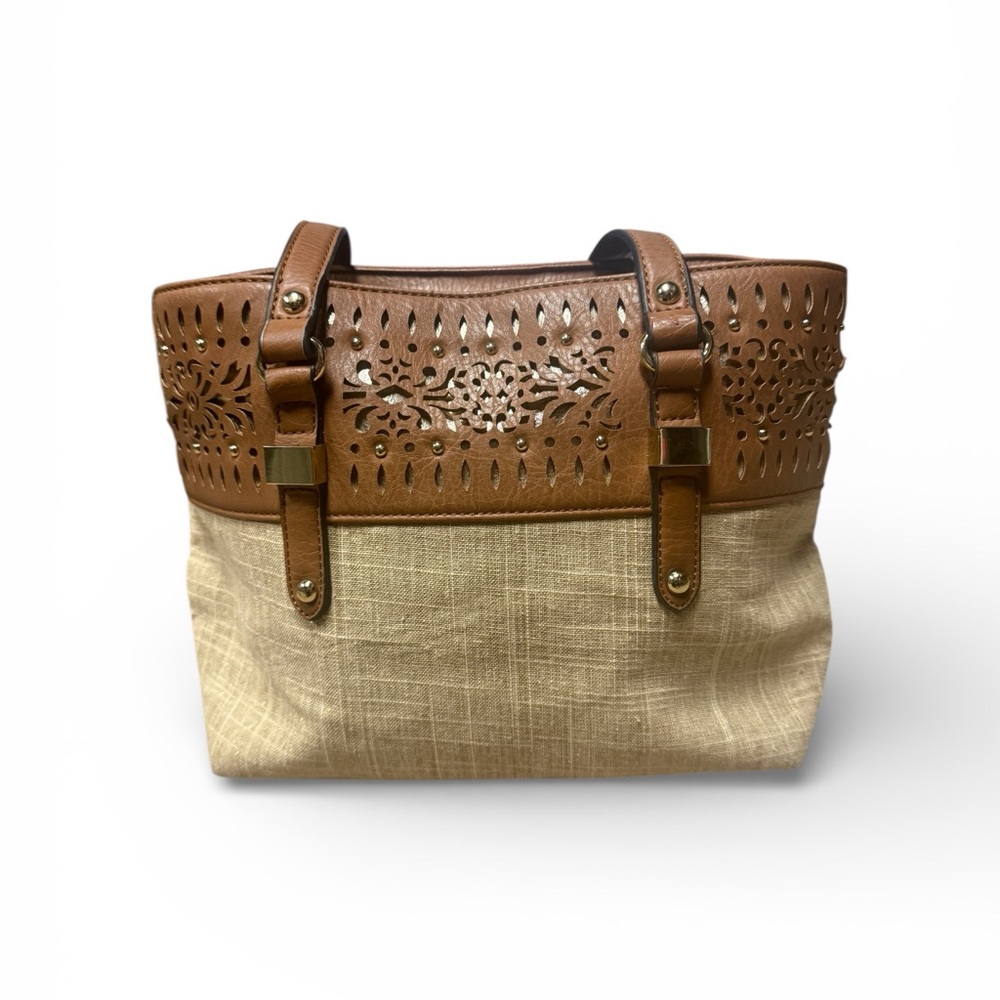 Nicole Miller Tan Sparkly Linen & Faux Leather Laser-Cut Tote Handbag